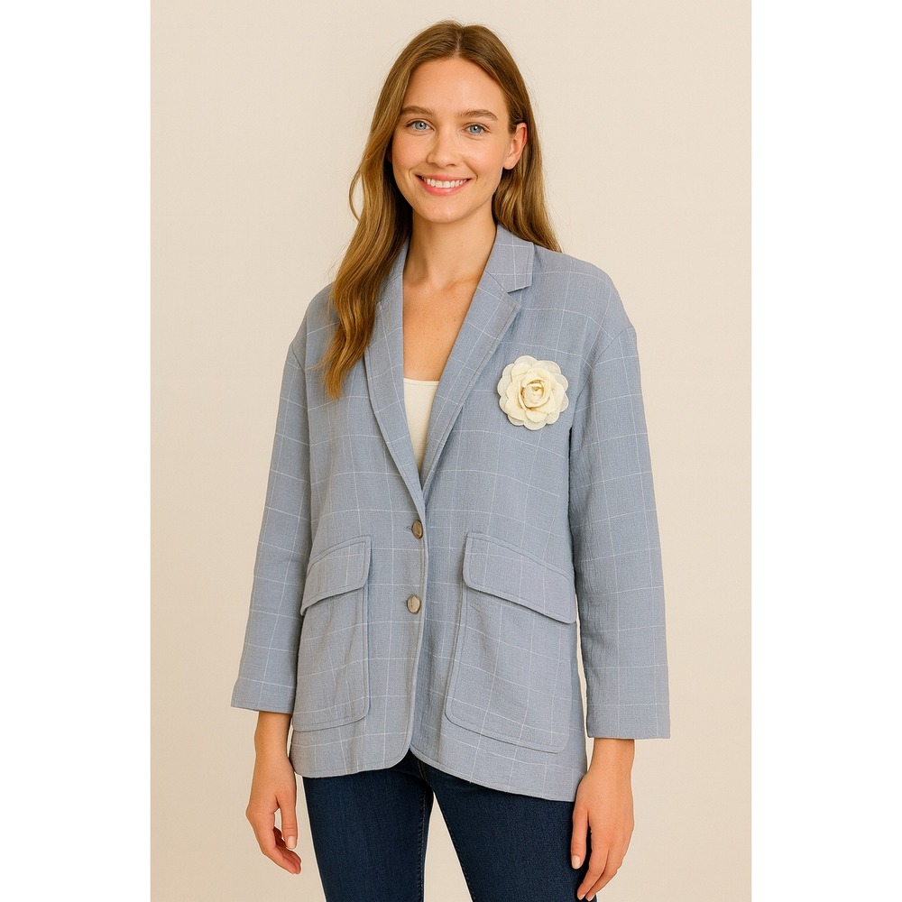 Madewell Blazer Relaxed Larsen Cotton & Linen Blue Windowpane Jacket‎ Size L